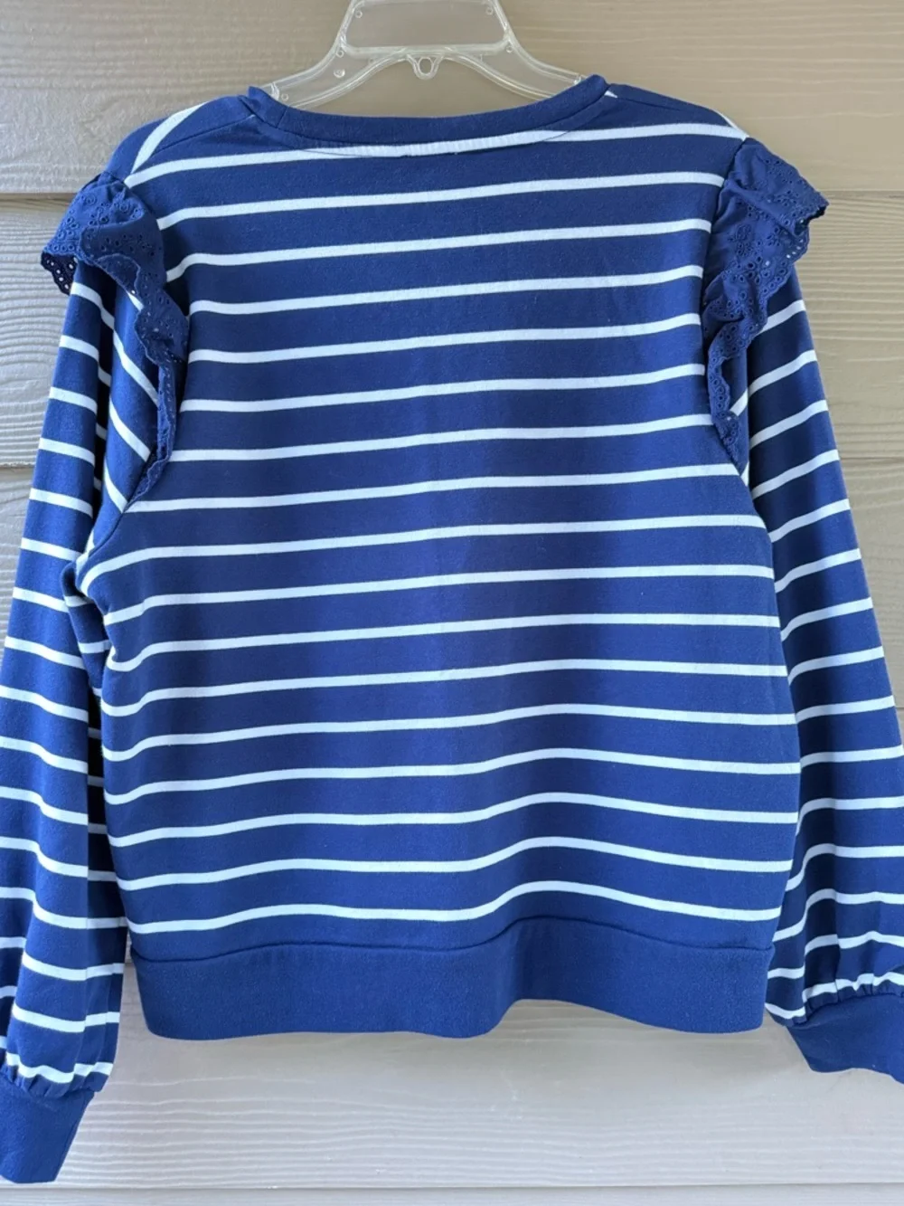 J.Crew Factory Women's White Navy Stripe Ruffle Lace Sleeve Sweatshirt Size XL